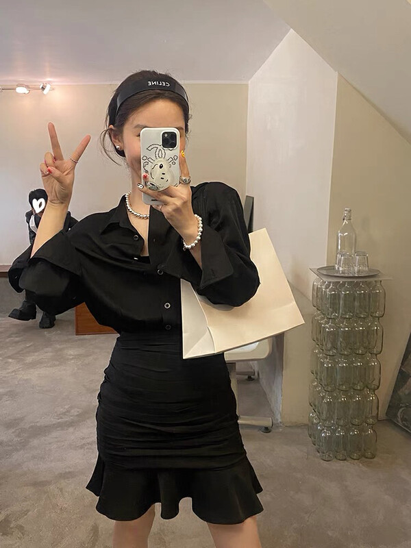 New in early autumn! [SAVAGE] Solid color pocket loose shirt + high waist fishtail skirt two-piece suit E9156# WPL