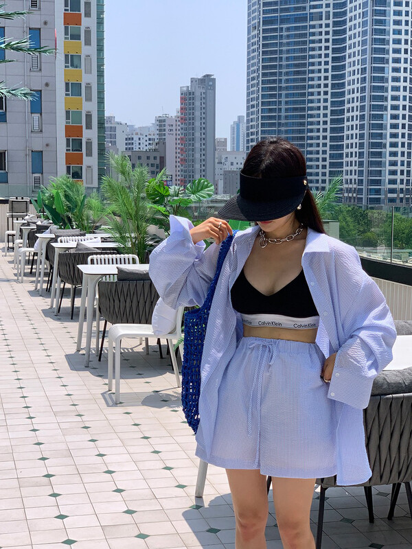 New in early autumn! [SAVAGE] Korean style lapel textured shirt + elastic waist lace-up shorts suit E9235# WPL