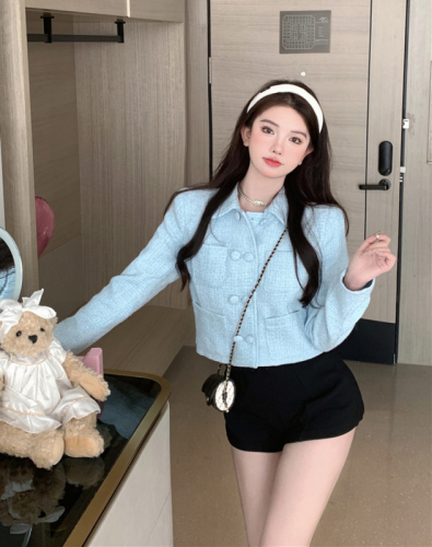 Real shot autumn fragrant blue small fragrant woolen coat double-breasted bag button short top with shoulder pad women