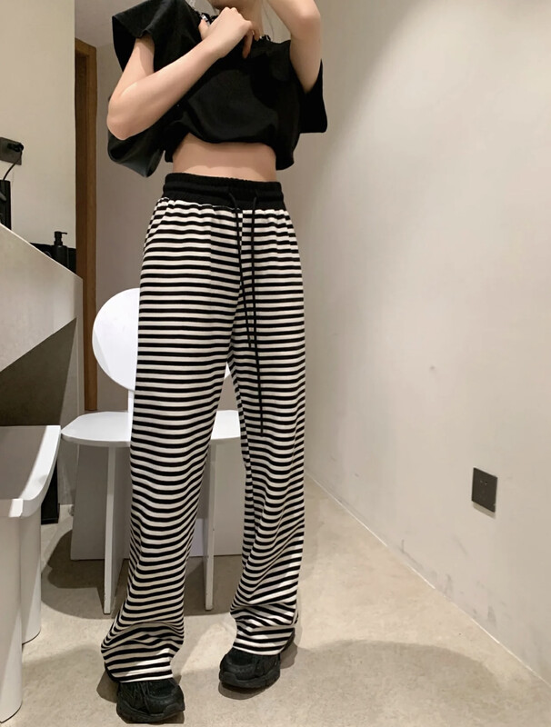 New in early autumn! [SAVAGE] Korean elastic waist drawstring tie straight striped casual pants E9236# WPL