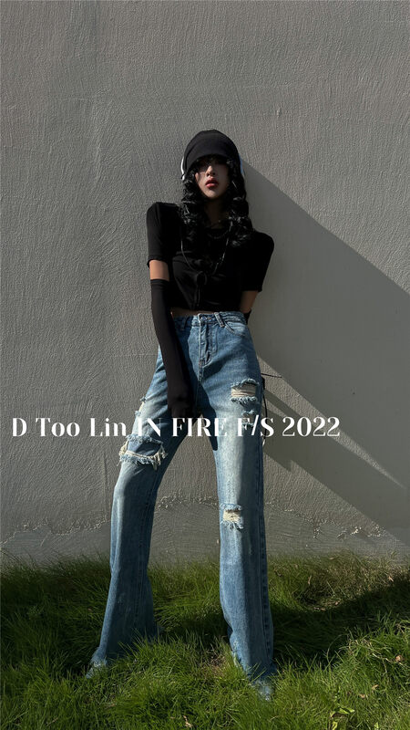 New in early autumn!【DTOO.LIN】Fashionable ripped jeans (with chain) N08A# OZQ