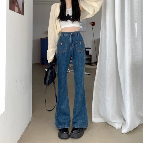 Real shot Hong Kong style retro high waist dark blue micro-bladed jeans women's slim straight flared denim trousers