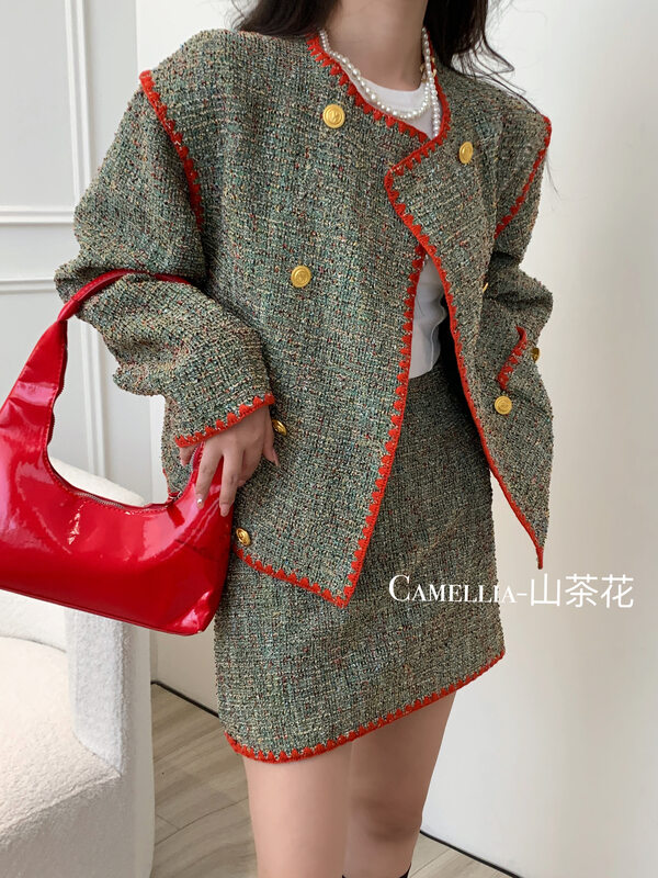 Autumn is new! [CAMELLIA] temperament contrast color side double-breasted short coat + A-line skirt suit 9852# HJY
