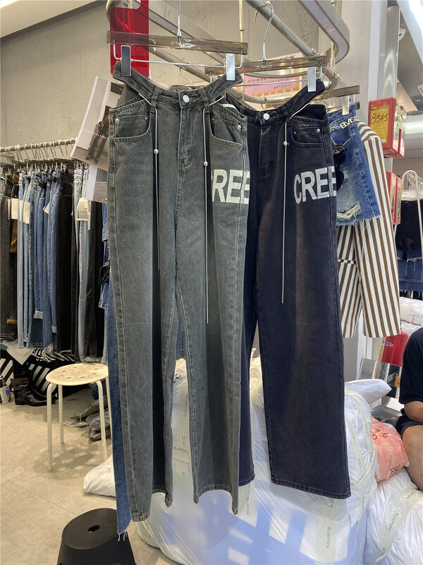 New in Autumn!【DTOO.LIN】Casual Loose Letter Print Jeans (with Chain) A1807# OZQ
