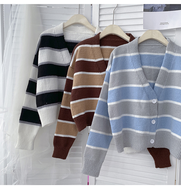 Contrast color striped knitted long-sleeved sweater women's spring and autumn style lazy style loose and thin outer layer short coat top