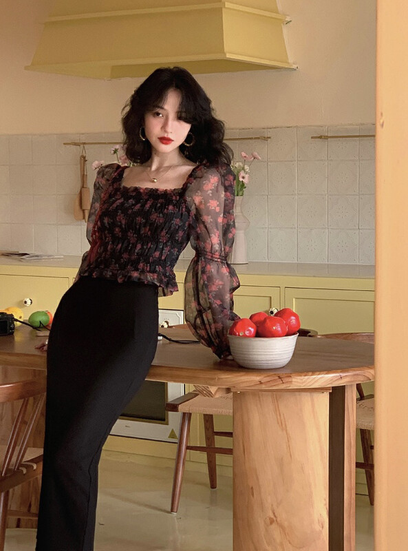 New in autumn!【SAVAGE】Fashionable square collar small design printed shirt E9595# WPL