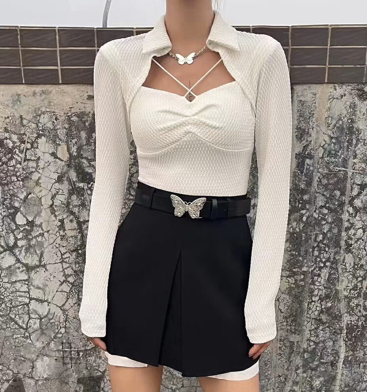 New in autumn! [UL-2] niche design lapel hollow shirt (with bow chain) 9143# JJ