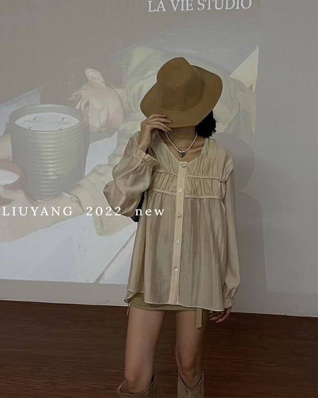 New in early autumn! [LIU-Y] temperament round neck button shirt 166070# XJ