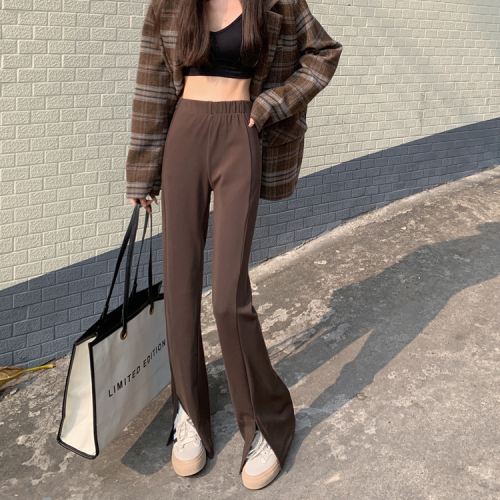 Real shooting real price Korean version of the high-waisted thin slit trousers straight loose wide-leg pants black pendant pants
