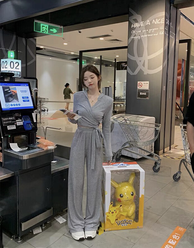 Autumn is new! [SAVAGE] Design sense bandage long-sleeved T-shirt + high-waist loose wide-leg casual pants suit E9538# WPL