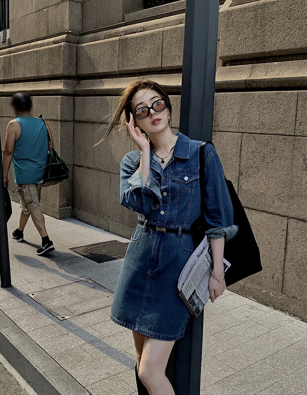 Early autumn new style!【SAVAGE】Retro lapels casual all-match waist and thin washable denim one-piece denim skirt E9819# WPL