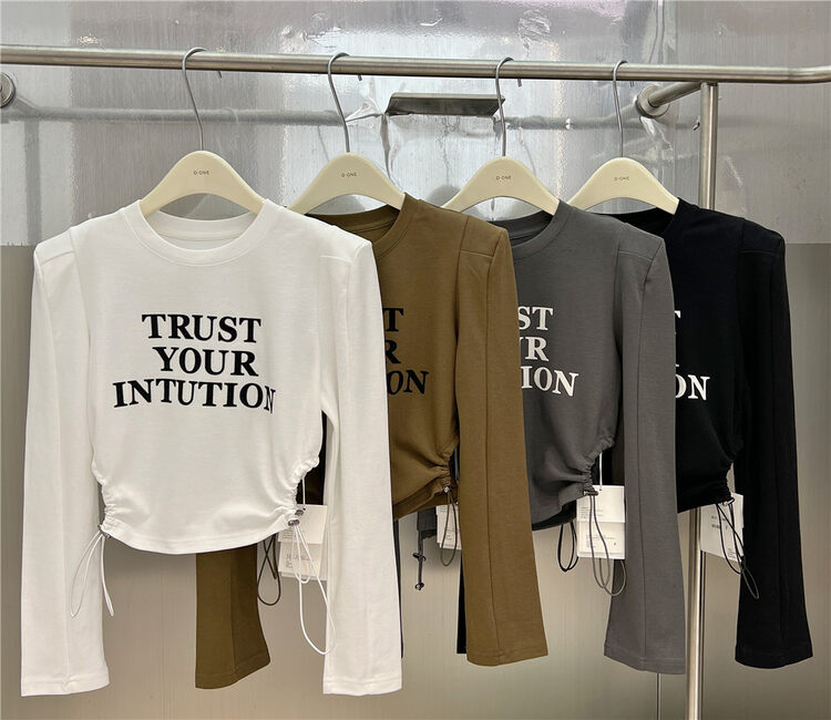 New in autumn! [LIU-Y] Waist side drawstring letter printed long-sleeved T-shirt YS1-16880# XJ