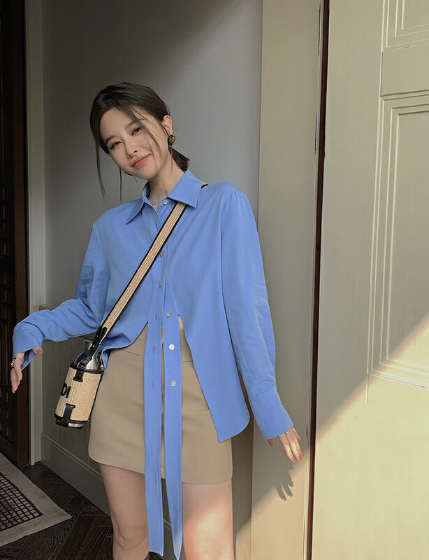 New in early autumn!【SAVAGE】French hot girl style lapel, streamer, straps, waist design, loose long-sleeved shirt E9338# WPL