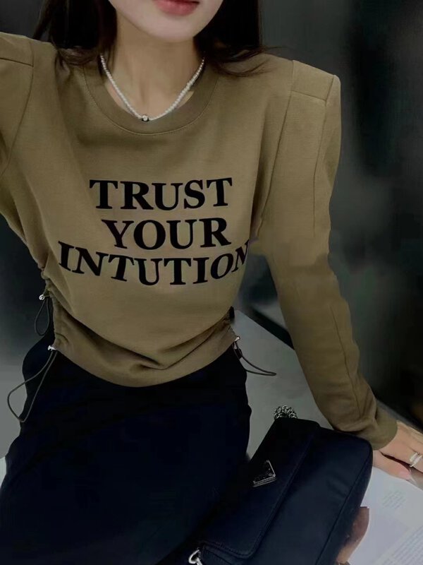 New in autumn!  [G+] Design round neck letter printing hem drawstring slim waist long-sleeved T-shirt 863# PCZ