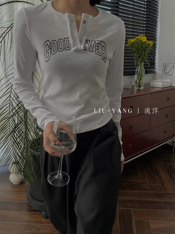 New in autumn! [LIU-Y] buckle letter print long-sleeved T-shirt 18331# XJ