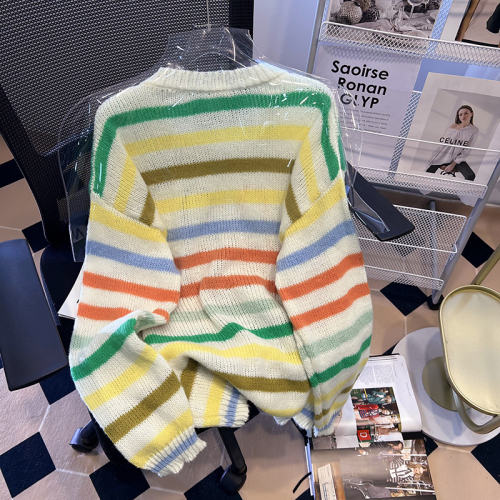 Real shot South Korea Dongdaemun knitted sweater college wind sweater rainbow striped jacquard pullover sweater women