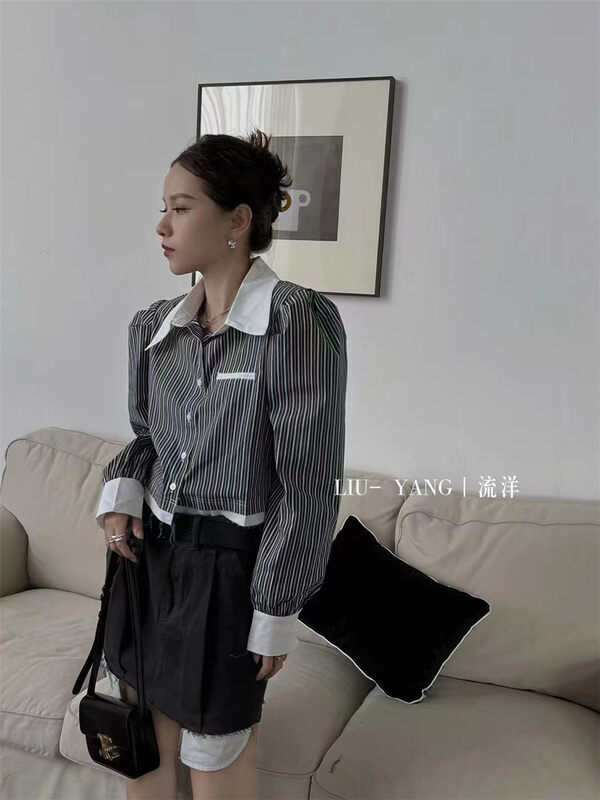 New in autumn! [LIU-Y] high-end vertical striped puff sleeve shirt 66078# XJ