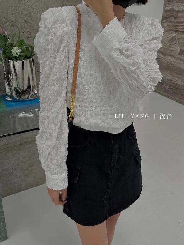 New in early autumn! [LIU-Y] High-quality round neck pleated shirt 66076# XJ