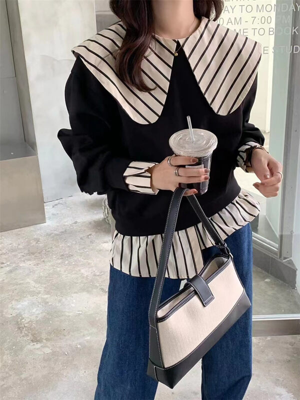 New in autumn! [LIU-Y] fake two-piece stitching large lapel sweater 16882# XJ