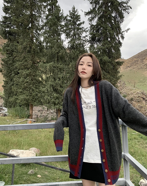 Autumn is new! [SAVAGE] Korean style contrast color edge loose mid-length knitted cardigan E9561# WPL