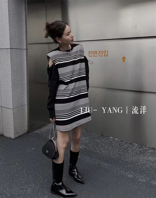 New in early autumn! [LIU-Y] stitched shoulder elastic dress 16875# XJ