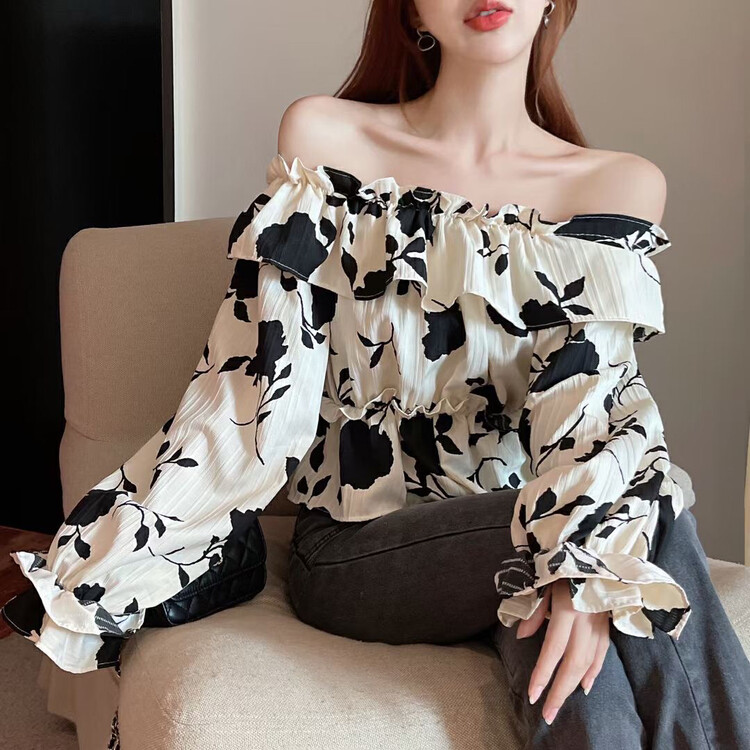 New in autumn! [UL-2] Korean printed one-shoulder shirt YS1-9146# JJ