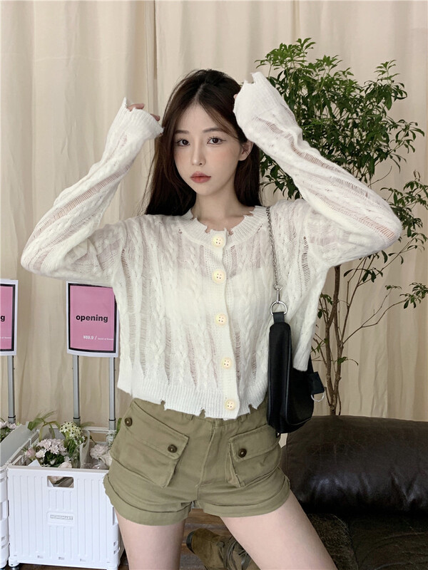 New in autumn! [SAVAGE] Korean round neck hollowed-out comfortable knitted cardigan YS1-E9598# WPL