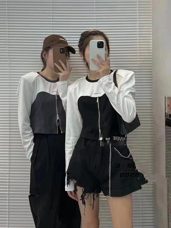 New in autumn! [G+] Shoulder pads, round neck, slim fit, color-blocking zipper long-sleeved T-shirt 838# PCZ