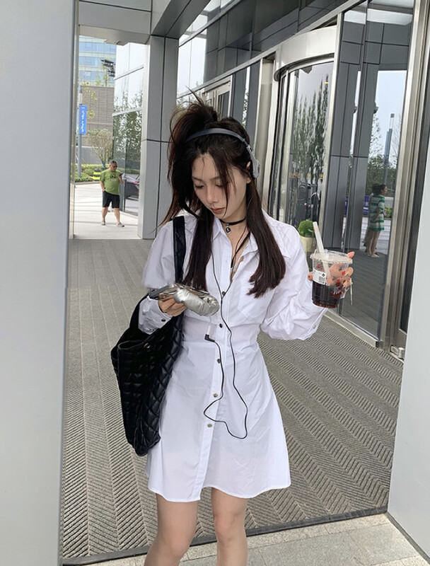 New in early autumn! [SAVAGE] temperament waist and thin pleated design shirt dress E9333# WPL