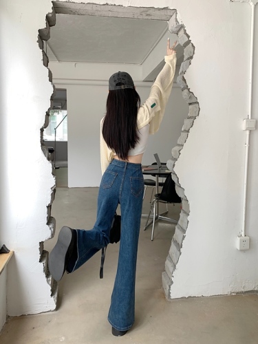 Real shot Hong Kong style retro high waist dark blue micro-bladed jeans women's slim straight flared denim trousers
