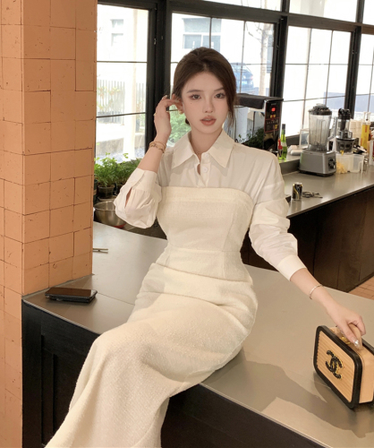Real shot autumn design sense fake two pieces of small fragrant woolen material stitching shirt dress sexy bag hip long skirt female