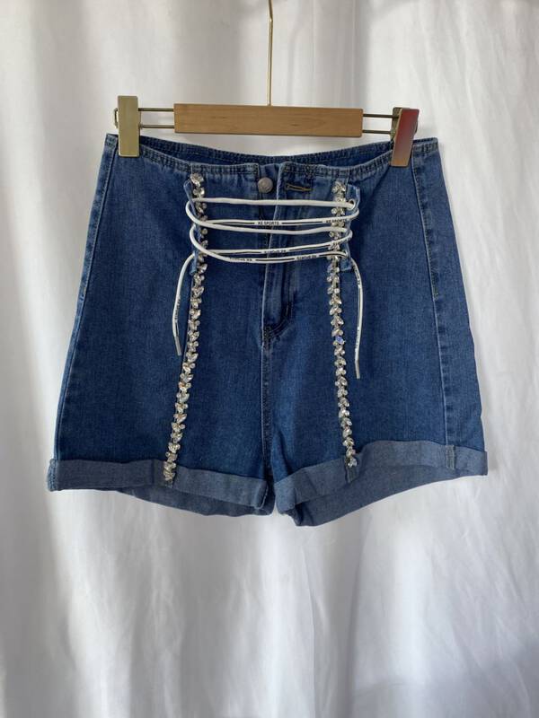 [YI SHOW Store] Heavy Industry Trend Retro High Waist Denim Shorts (with Waist String) 1893# CL
