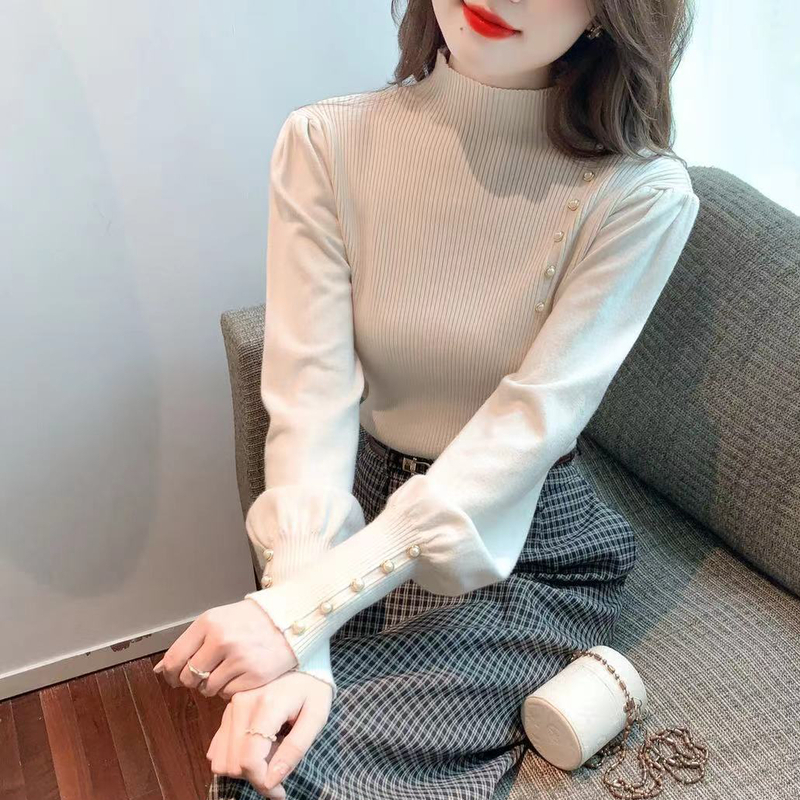 Real shot 2022 new semi-high round neck design sense knitted autumn and winter new foreign style pullover puff sleeve top