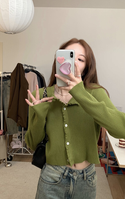 New in early autumn! [SAVAGE] Korean all-match round neck fungus edge knitted cardigan E9395# WPL