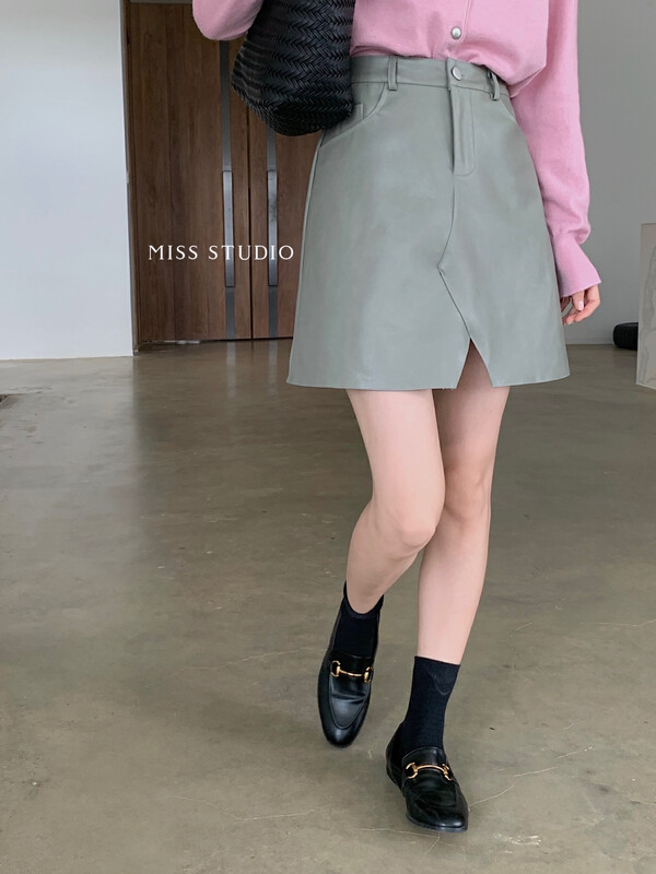 【MISS】Korean style one button slit leather skirt skirt W168