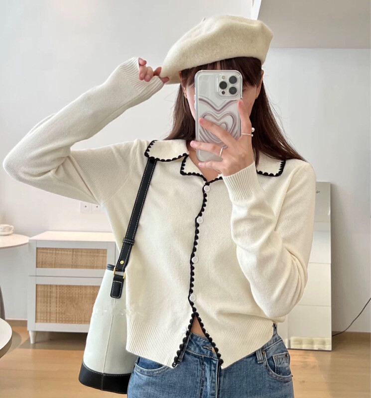 New in autumn! [S.J] Contrast color lapels show thin and small fragrance knitted sweater 2811# LSW