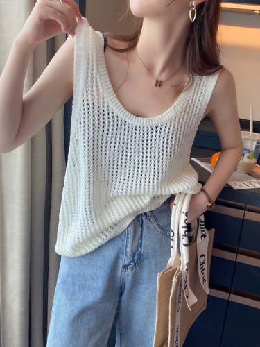 Hollow Vest Women's Summer Outer Wear Loose Slings Outer Layered Wide Straps Knitted Vest I-shaped Sleeveless Top