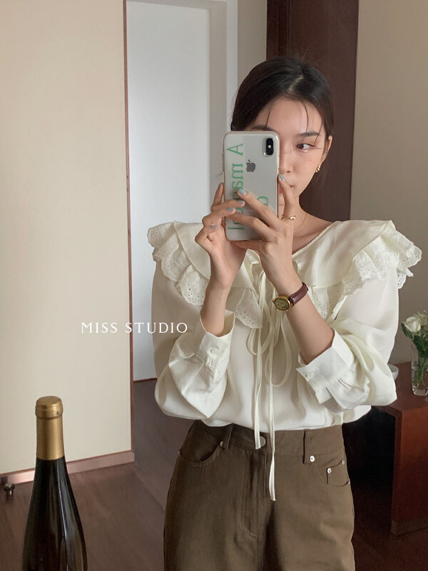 [MISS Miss Home] Korean stitching lace collar Tencel shirt small shirt L6702