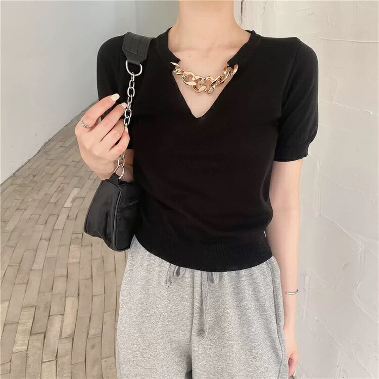 New in autumn! [S.J] Simple chain small V-neck sweater (non-removable chain) YS2801# LSW