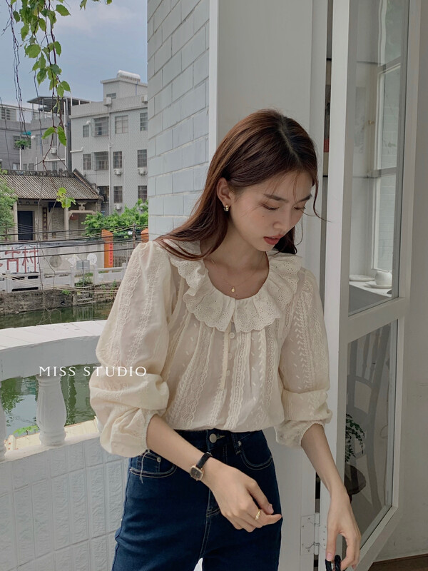 【MISS】Korean Lace Collar Jacquard Shirt F2329