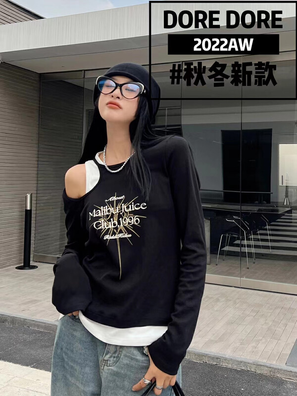 New in autumn! [DORE DORE] fake two-piece printed all-match long-sleeved T-shirt 1373# OZQ