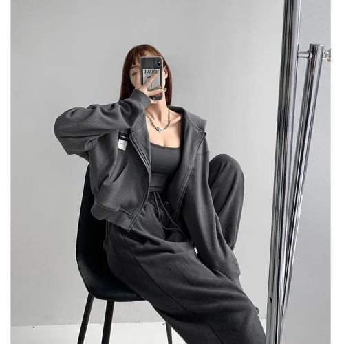 Waffle net red fashion casual suit women's spring and autumn short hooded jacket sports trousers two-piece set