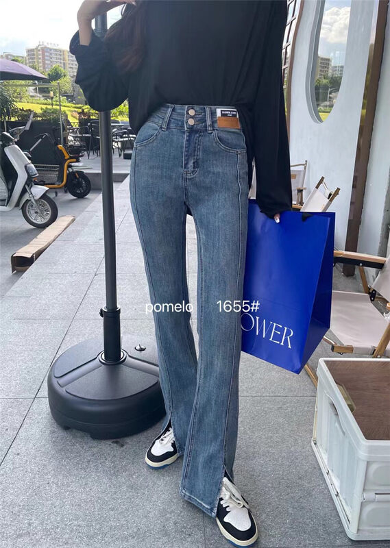 Early autumn new style! [Grapefruit] Korean high-waisted slit jeans 1665# HJY