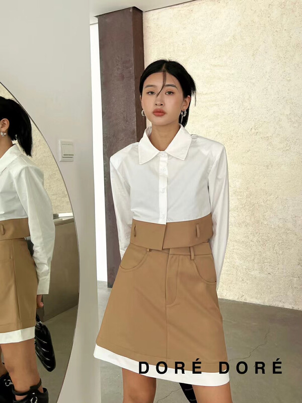 New in early autumn! [DORE DORE] stitched long-sleeved shirt + Korean all-match skirt suit 1321# OZQ
