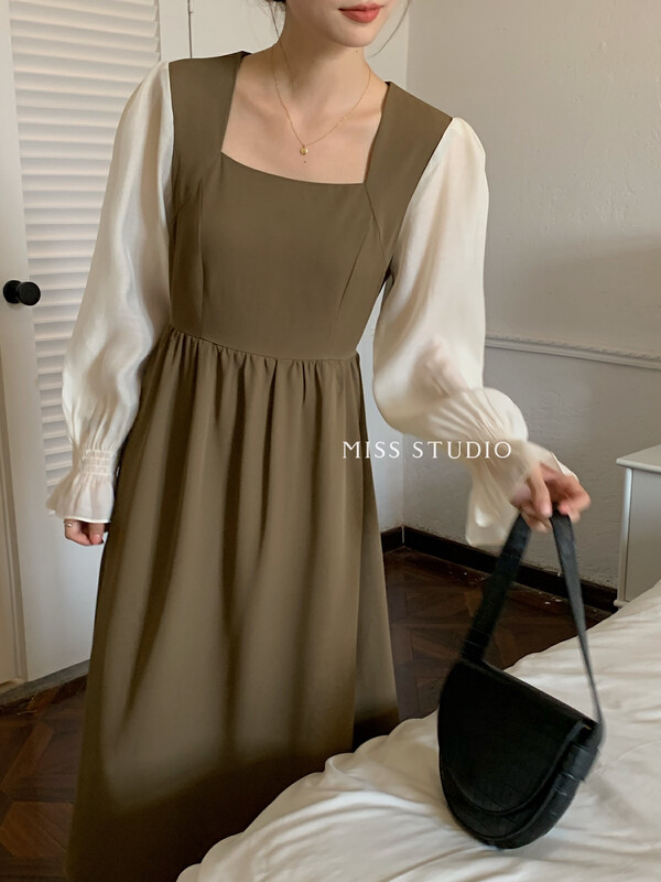 [MISS Mi Sijia] Korean color-block sleeves square-neck temperament dress L6721