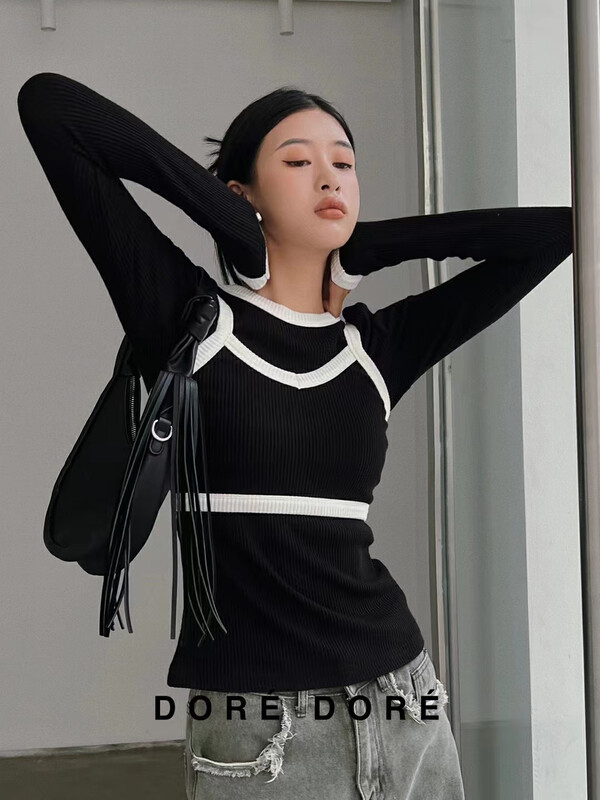 Autumn is new! [DORE DORE] Knitted Contrast Side Sling + Versatile Long Sleeve Suit 1368# OZQ