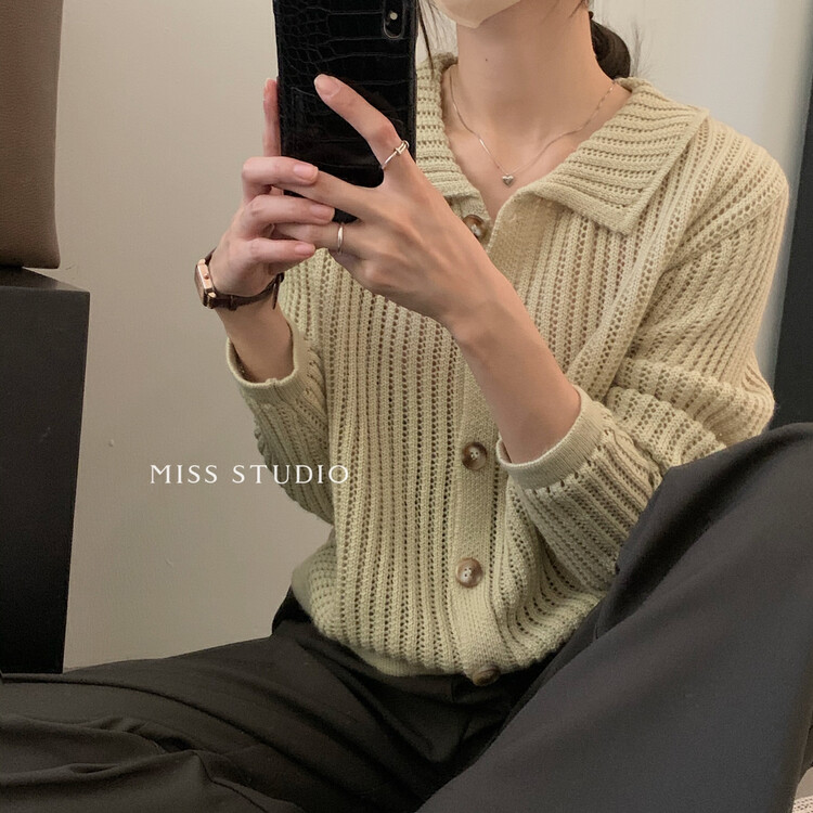 【MISS】Korean Lapel Hollow Air Quality Knit Sweater A0655