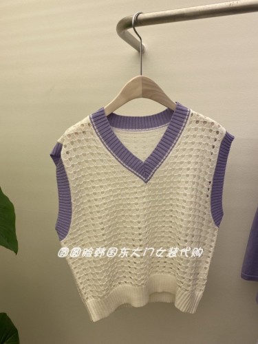 Hong Kong flavor contrast color V-neck hollow knitted vest vest women's summer loose waistcoat sleeveless top trendy