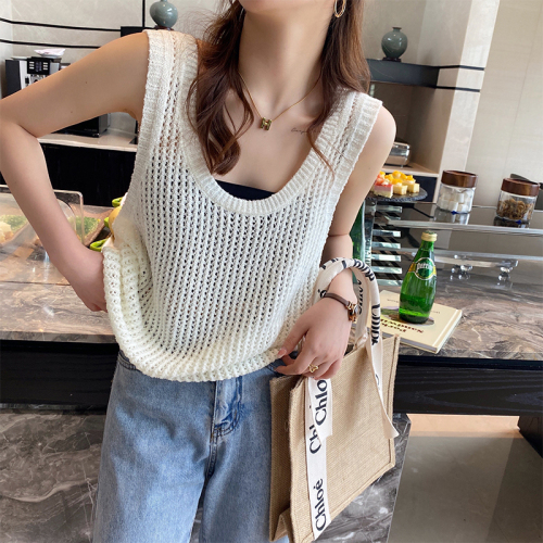 Hollow Vest Women's Summer Outer Wear Loose Slings Outer Layered Wide Straps Knitted Vest I-shaped Sleeveless Top