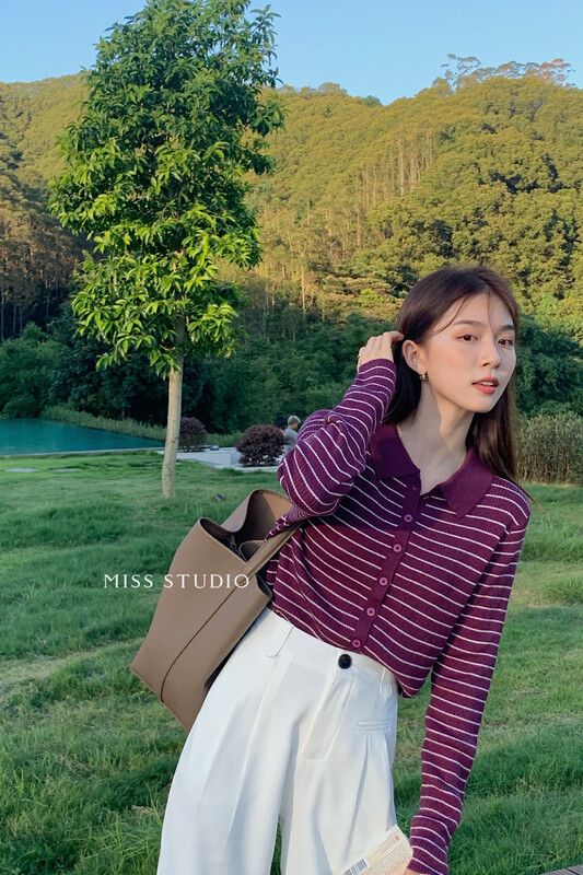 【MISS】Korean Polo Collar Striped Sweater C2043
